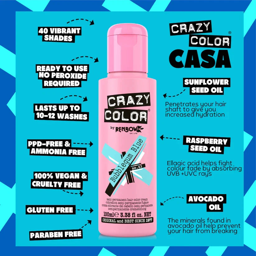 Crazy Color - Semi-Permanent Hair Color Bubblegum Blue 100ml