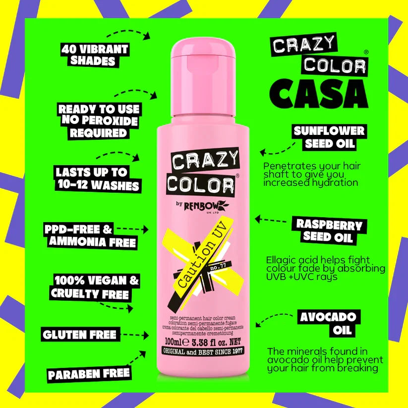 Crazy Color - Go Neon Caution UV Semi-Permanent Hair Color (Yellow) Fluoresce 100ml