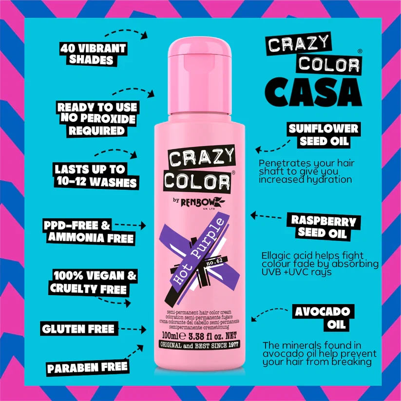 Crazy Color - Semi-Permanent Hair Color Hot Purple 100ml