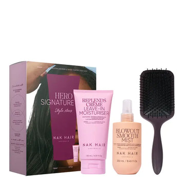 Nak Hair - Signature Hero Pack - Signature Replends Crème Leave in Moisturiser 150ml, Signature Blowout Smooth Mist 250ml and Nak Paddle Brush