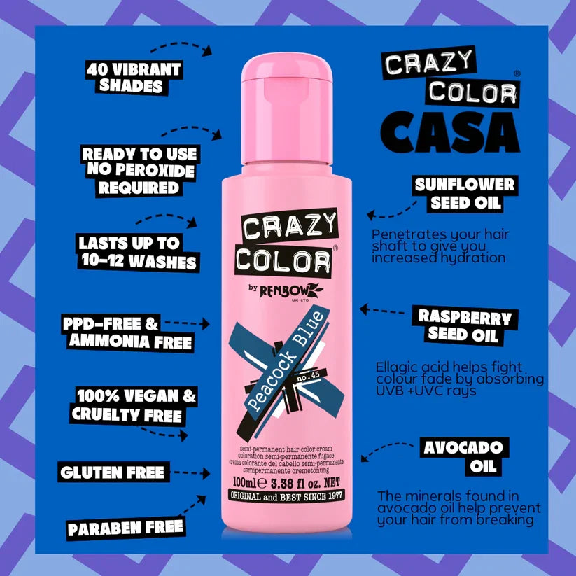 Crazy Color - Semi-Permanent Hair Color Peacock Blue 100ml
