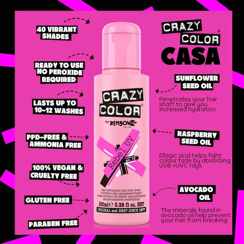 Crazy Color - Go Neon Rebel UV Semi-Permanent Hair Color (Pink) Fluoresce 100ml