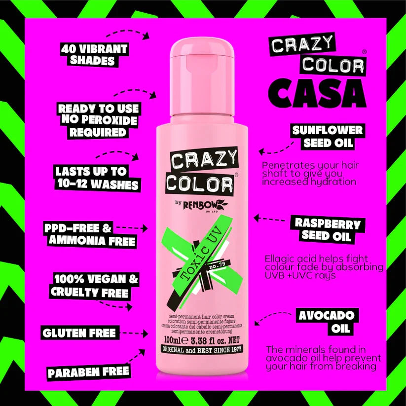 Crazy Color - Go Neon Toxic UV Semi-Permanent Hair Color (Green) Fluoresce 100ml