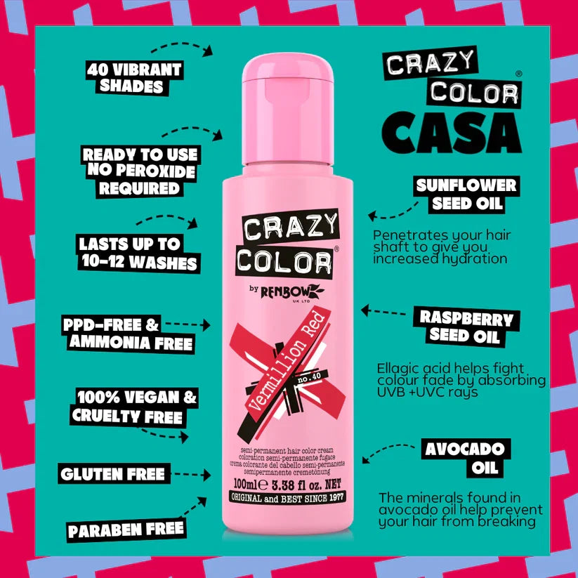 Crazy Color - Semi-Permanent Hair Color Vermillion Red 100ml